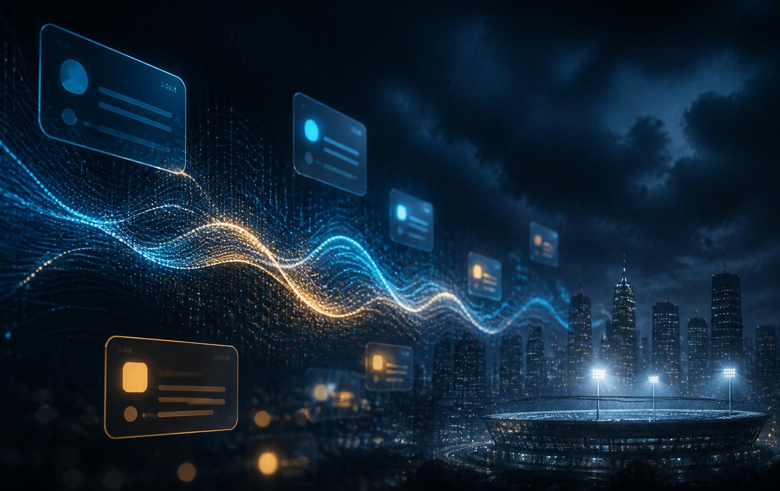 Real-time signal wave sweeping across a night city with glowing notification cards